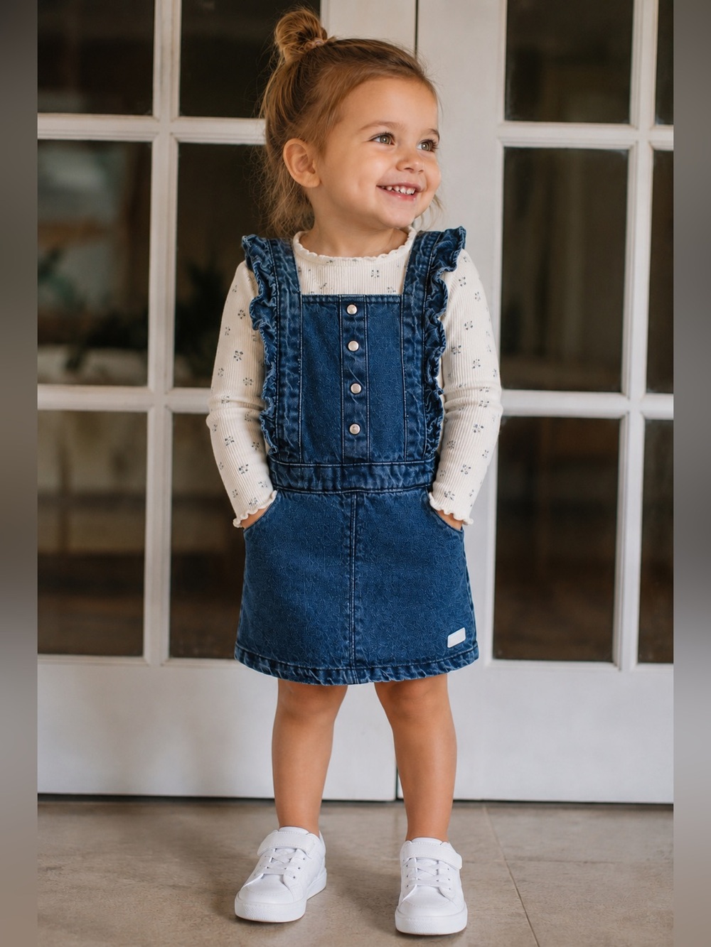 7 For All Mankind Kids Denim Jumper Dress, 24 Months, Ruffle Strap, Like new